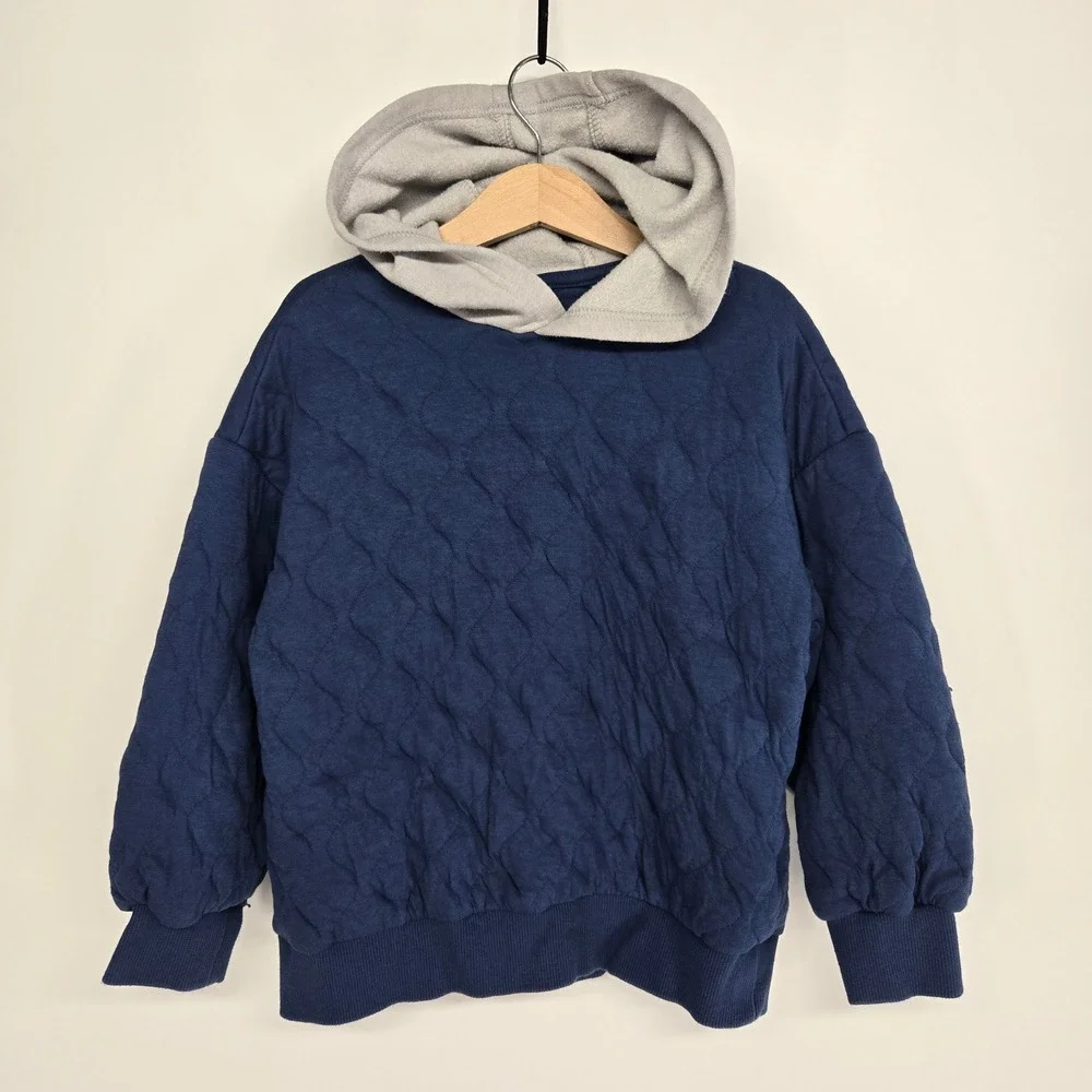 Old‎ Navy Quilted Hoodie Kids S 6-7 Blue Gray Oversized Contrast Hood Sweatshirt